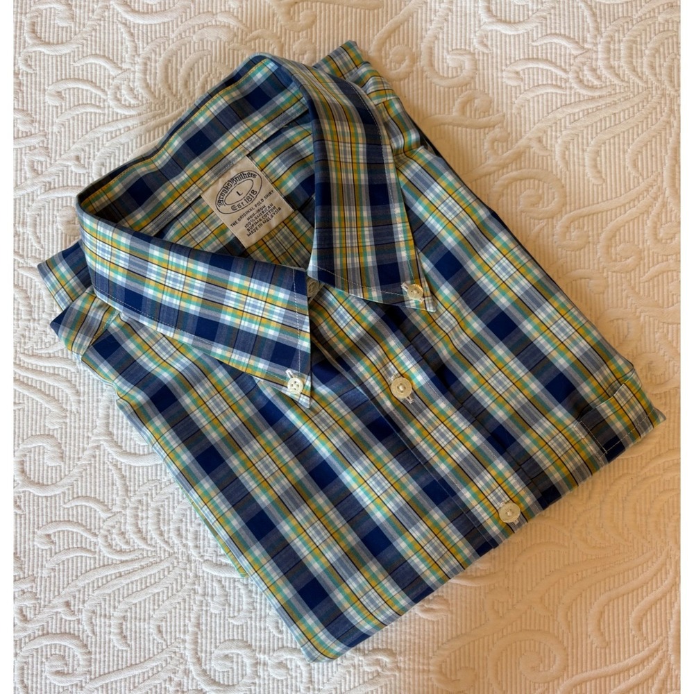 Brooks Brothers Men L Multicolor Plaid Supima Cotton Non-Iron Short Sleeve Shirt